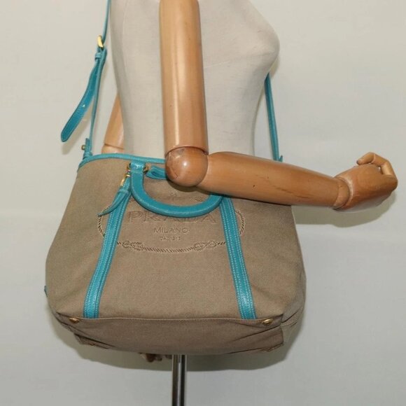 PRADA Hand Bag Canvas 2way Beige Gold Auth 138843 - Picture 3 of 16